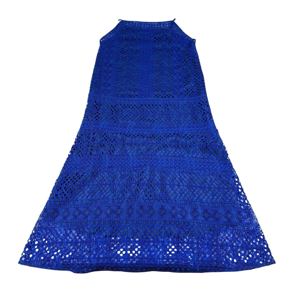 VINCE SLEEVELESS CROCHET LACE SILK LINED  MIDI DRESS SZ 4 BLUE Classy City - Picture 10 of 15